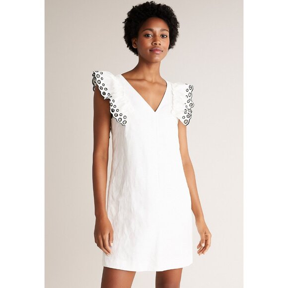 J. Crew Collection Linen Blend Eyelet Ruffle Shoulder Dress in White Size 14 - Picture 1 of 8